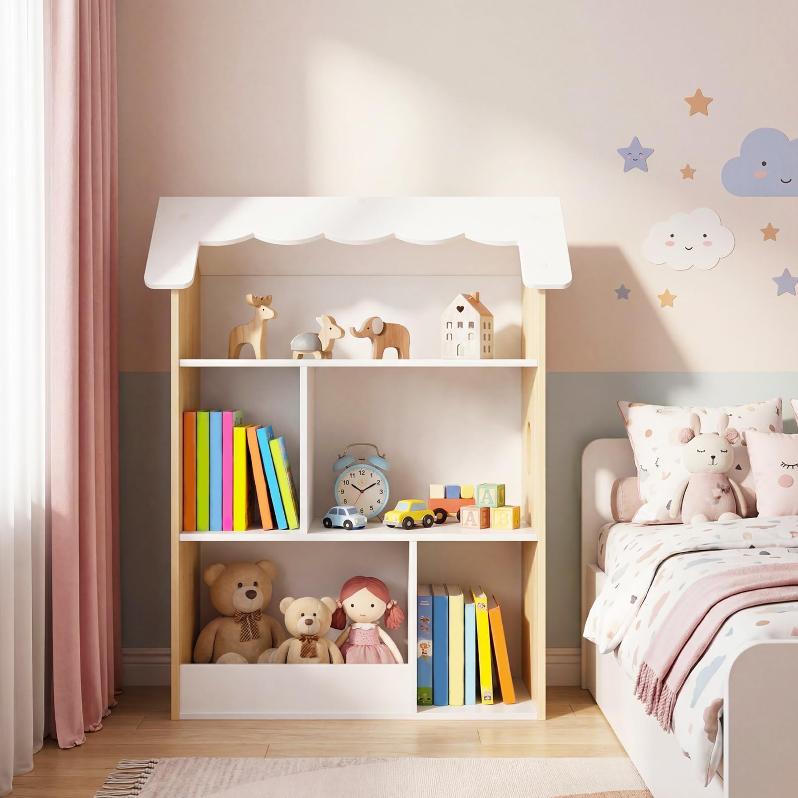 COSTWAY Librería Infantil de 3 Niveles, Estantería para Niños en Forma de Casa con Estantes Abiertos, Armario Organizador de Juguetes de Madera para Sala de Juegos Habitación Infantil Guardería