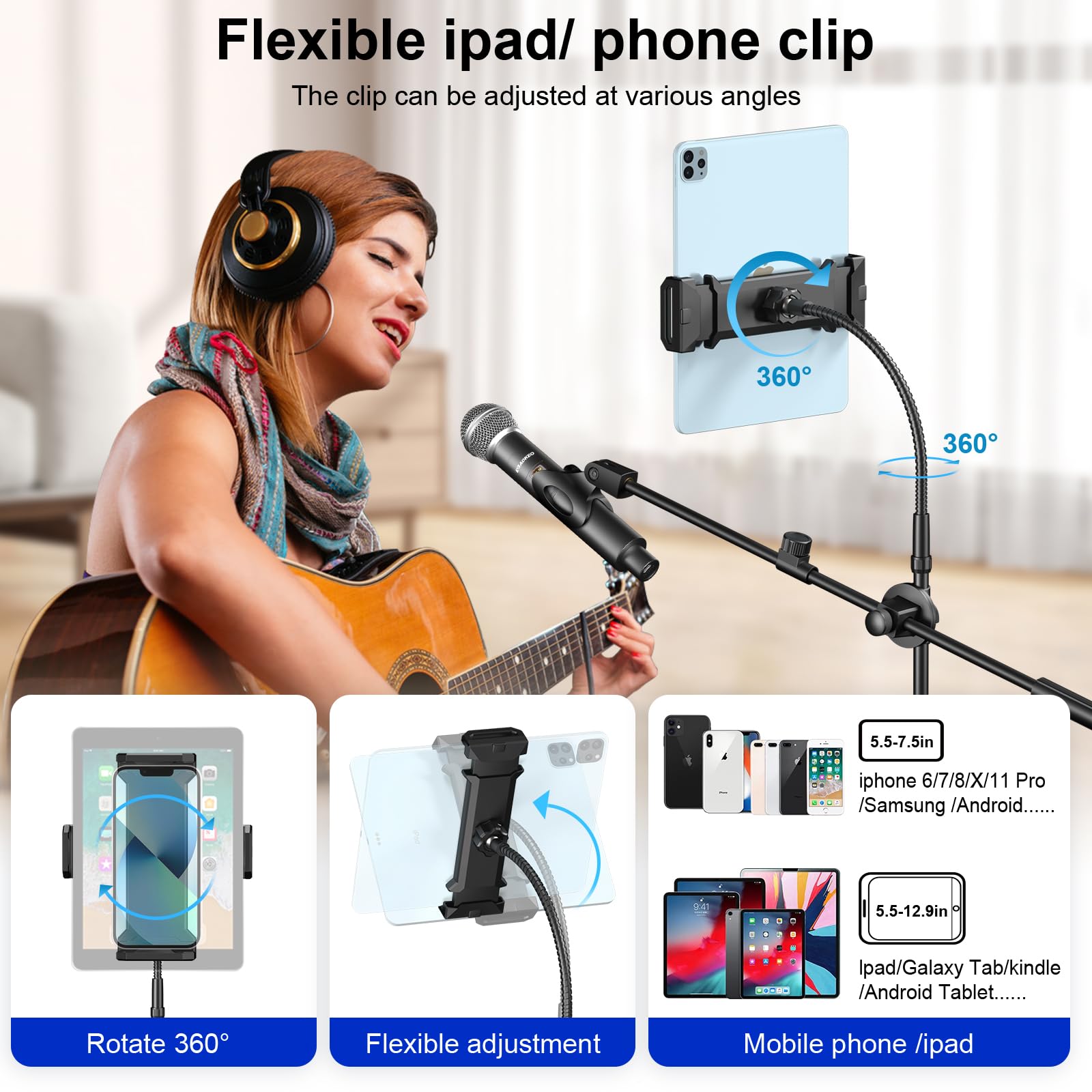 Mic Stand,6 In 1 Microphone Stand Floor Boom Mic Stand, Support Boom Gooseneck Mic Clips Tablet Phone Holder Any Combination With Mic Stand Bag