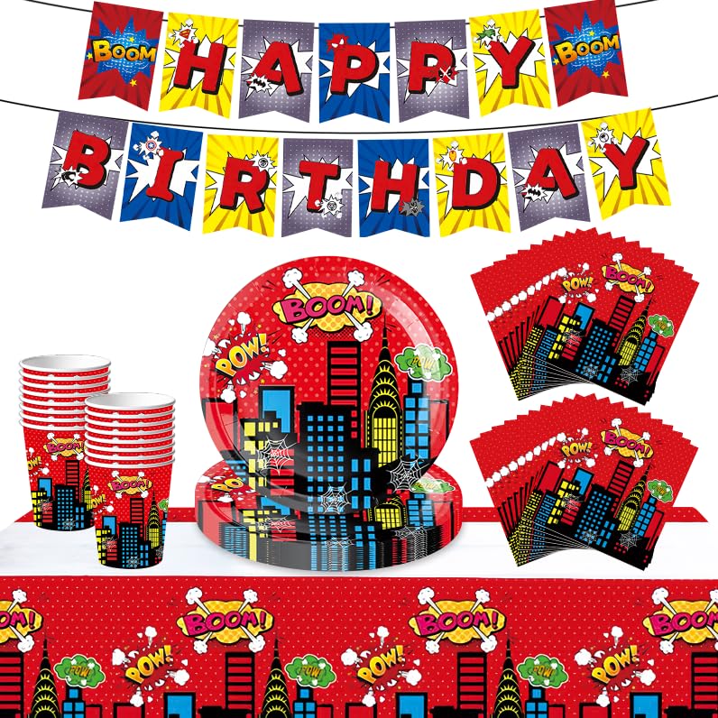 54Pcs City Heroes Party Tableware Decorations for Boys Birthday Super-hero Marvel Cartoon Decorations Table Cloth 7inch Paper Plates Banner Paper Napkins for Avengers Theme Table Party Favor