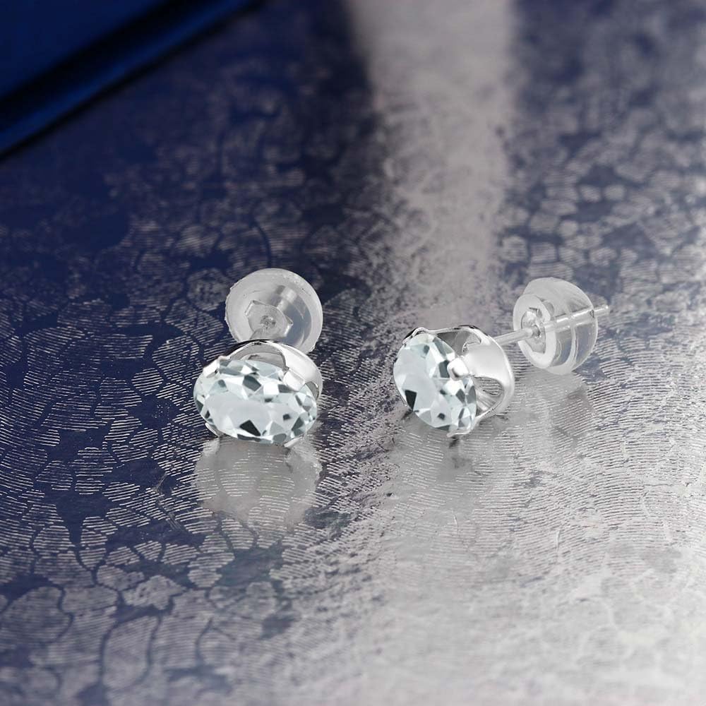Gem Stone King 14K White Gold Gemstone Birthstone Stud Earrings | Oval 7X5MM | 14K Silicone Push Back | Gold Earrings For Women Men