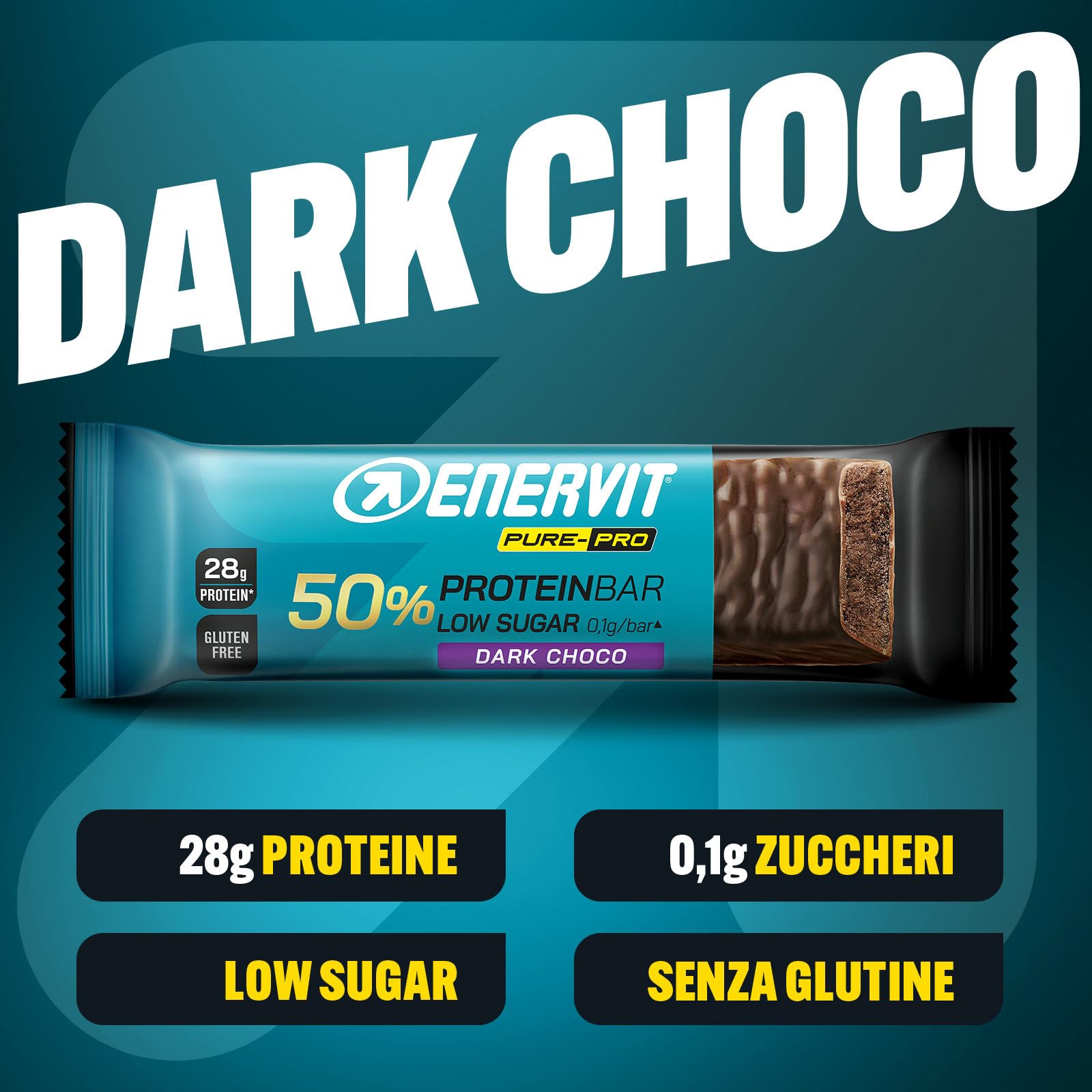 Enervit Pure-Pro Protein Bar 50% Dark Choco, Barrette Proteiche Senza Zucchero e Senza Glutine, Snack Proteici con 30g Proteine, Post Workout Intensi, Gusto Cioccolato Fondente, 25 Barrette da 55g