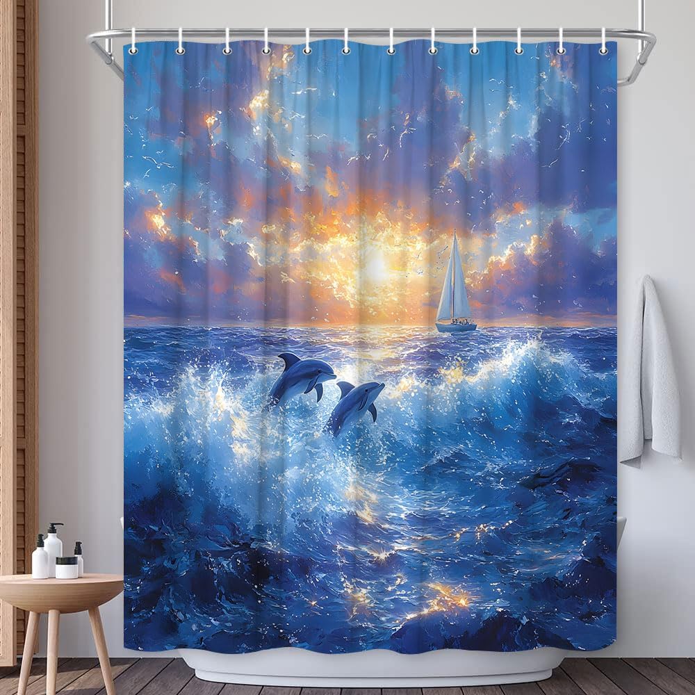 Ocean Theme Shower Curtain Nautical Sailboat Dolphin Sunset Sunrise Sea Animal Beach Seaside Scenery Bath Decor Polyester Fabric Curtains 106X70 Inch