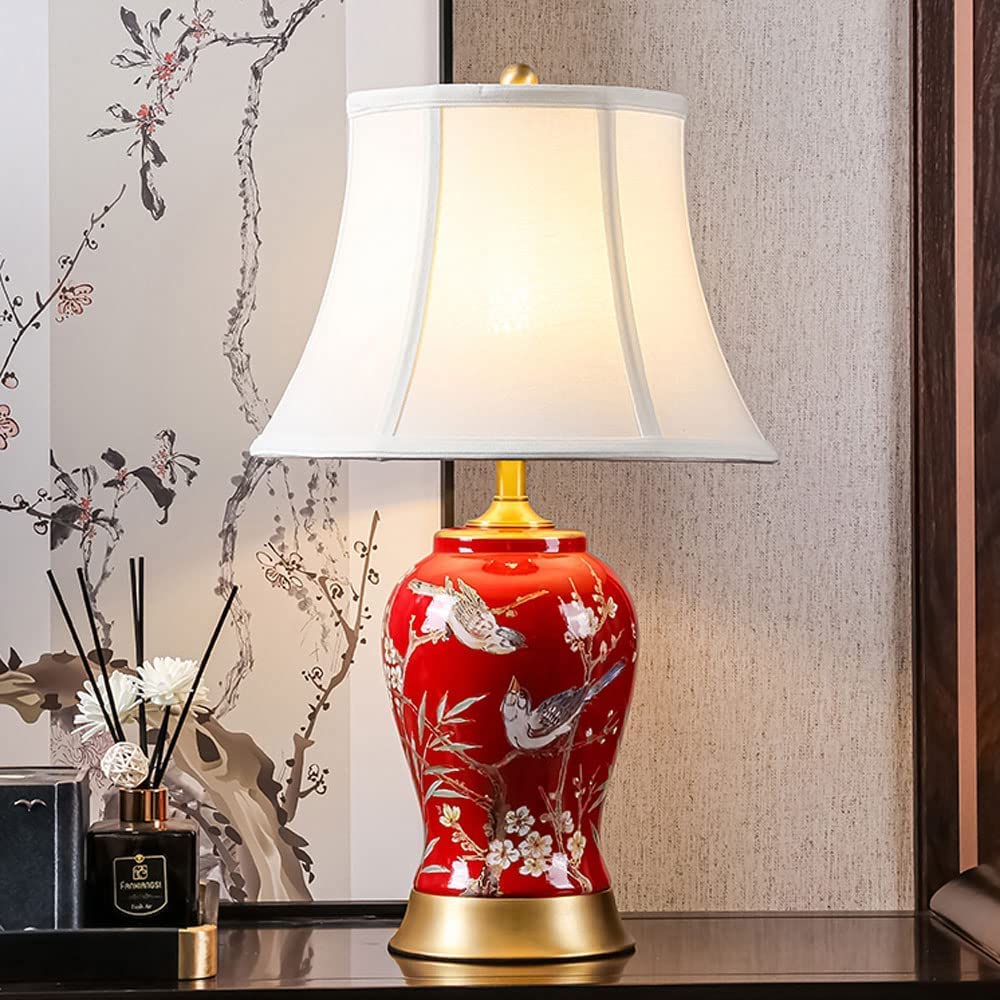 Lampa Stołowa Chińska Ceramiczna Lampa Stołowa Ręcznie Malowana Kwiat I Ptak Przeszklona Lampka Nocna Czerwona Do Sypialni Salon Do Domowego(Remote control switch)