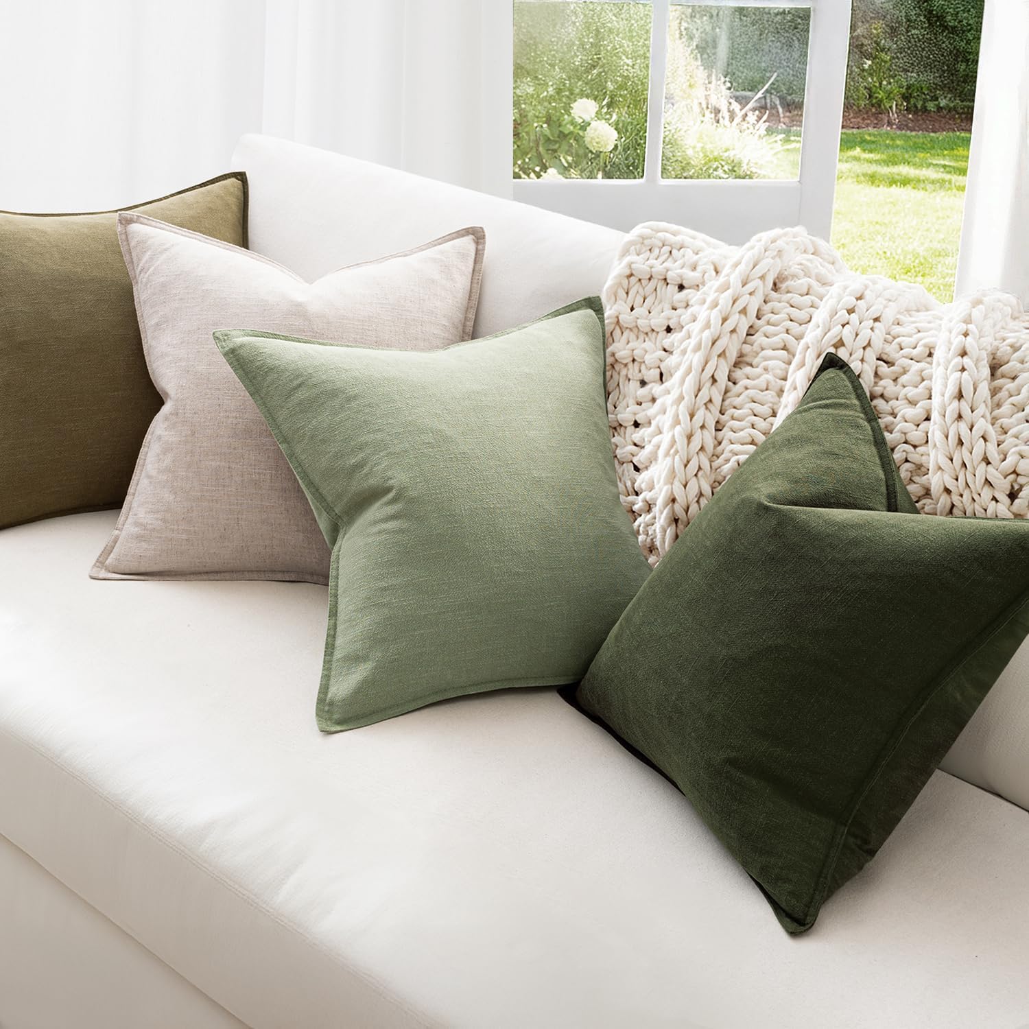 MIULEE Green and White Pillow Covers Pack of 4 Decorative Natural Solid Throw Pillow Covers Soft Accent Boho Farmhouse Couch Pillowcases Modern Spring Decor for Living Room Bed Sofa 18x18 Inch - Image 2