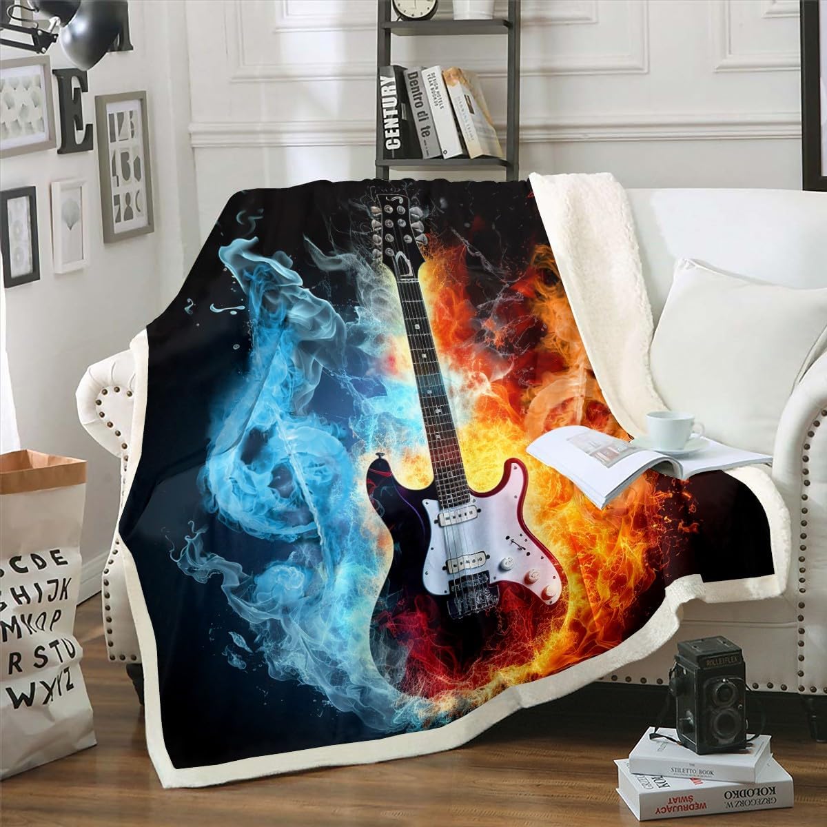 Guitar Fleece Throw Blanket Rock Music Themed Plush Blanket Fire and Water Musical Notes Sherpa Blanket Electric Guitar Instruments Print Fuzzy Blanket for Sofa Bed Couch, Room Decor 40x50 Inch