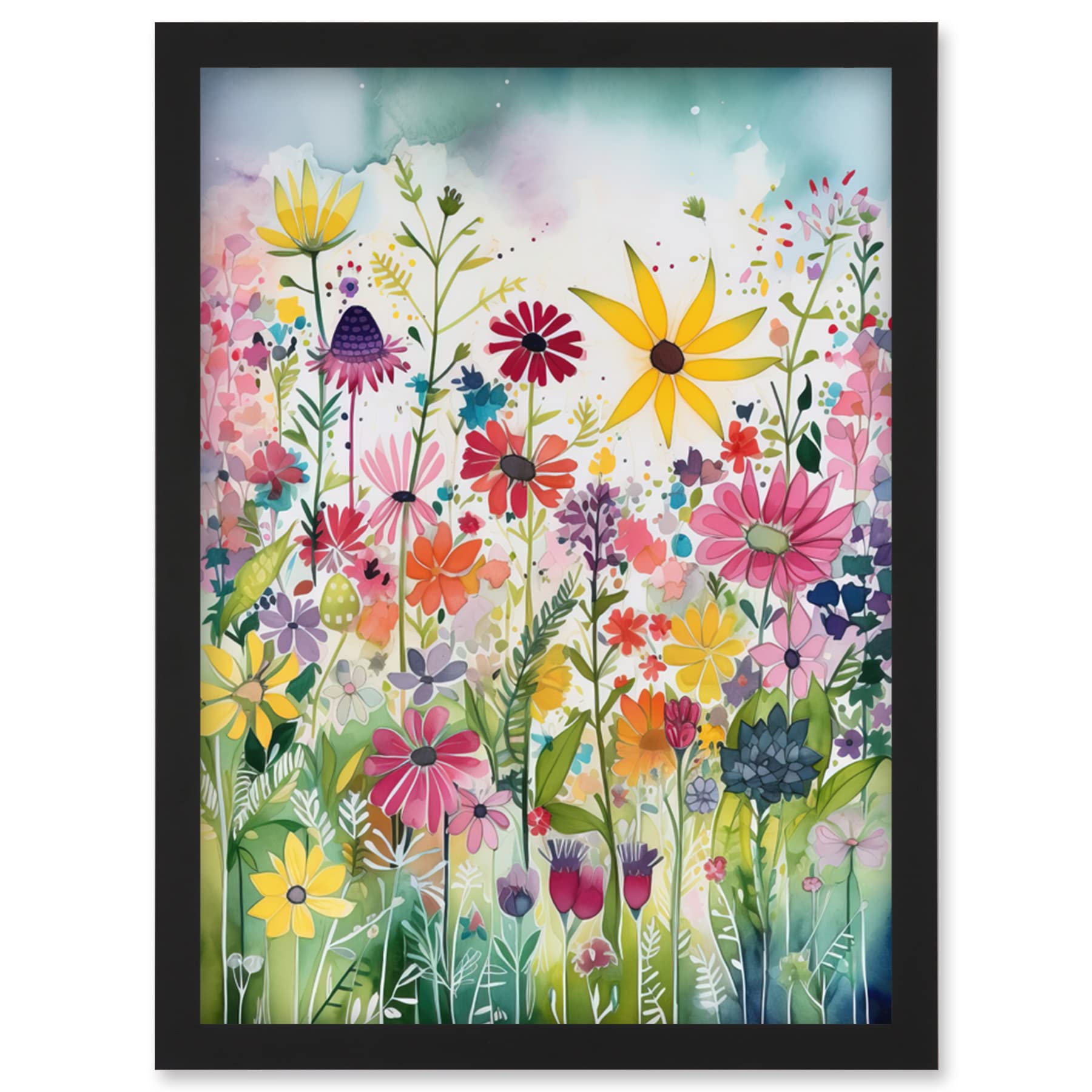 Artery8 Bright Wildflower Floral Blooms Folk Art Artwork Framed Wall Art Print A4