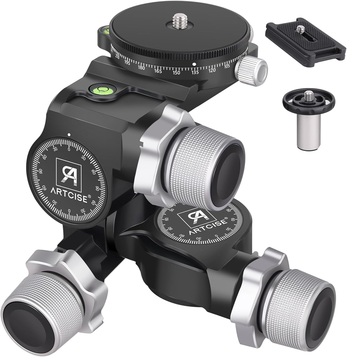 Cabezal de trípode con engranaje de 3 vías ARTCISE Cabezal de trípode con engranaje profesional con placa QR tipo Arca y placa QR tipo Arca panorámica de 360°, microajuste milimétrico, aleación de aluminio CNC completa, carga máxima 13 libras