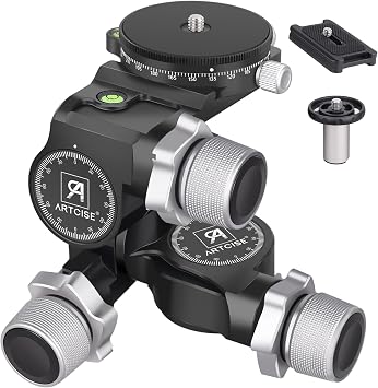 3-Way Geared Tripod Head ARTCISE Professional Geared Tripod Head with Arca Type QR Plate and 360 Panoramic Arca Type QR Plate,Millimeter Micro-Adjustment,Full CNC Aluminum Alloy,Max Load 13lbs