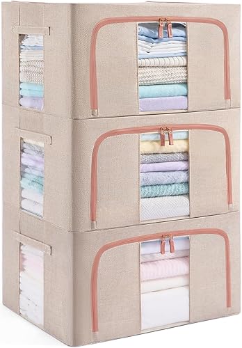 Miniatura 9 de GuliPostan Paquete de 3 contenedores apilables de almacenamiento de ropa de 66L con asas de marco de metal y cremallera, caja organizadora plegable
