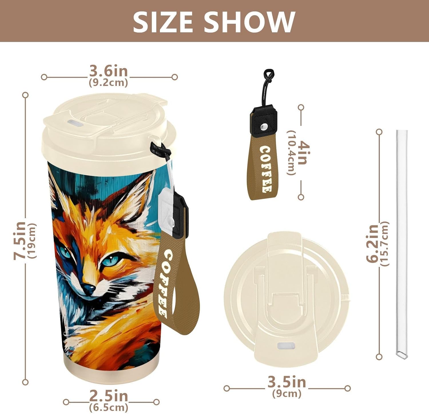 Fox Face Watercolor Insulated Coffee Mug with Straw & Flip Lid, 16.9oz Iced Tumbler Cup, Double Wall Vacuum Mug for Travel Office
