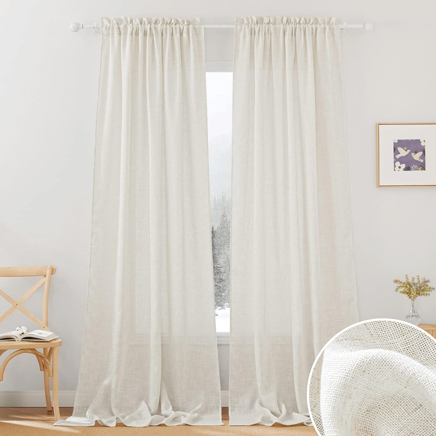 RYB HOME Natural Linen Blend Curtains - Semi Sheer Privacy Window Drapes, Soft Breathable Vintage Light Filtering Sheer Curtains 108 Inches Long for Sliding Door Bedroom, W 52 x L 108, 2 Pcs, Linen Linen 52"W x 108"L (Pack of 2)