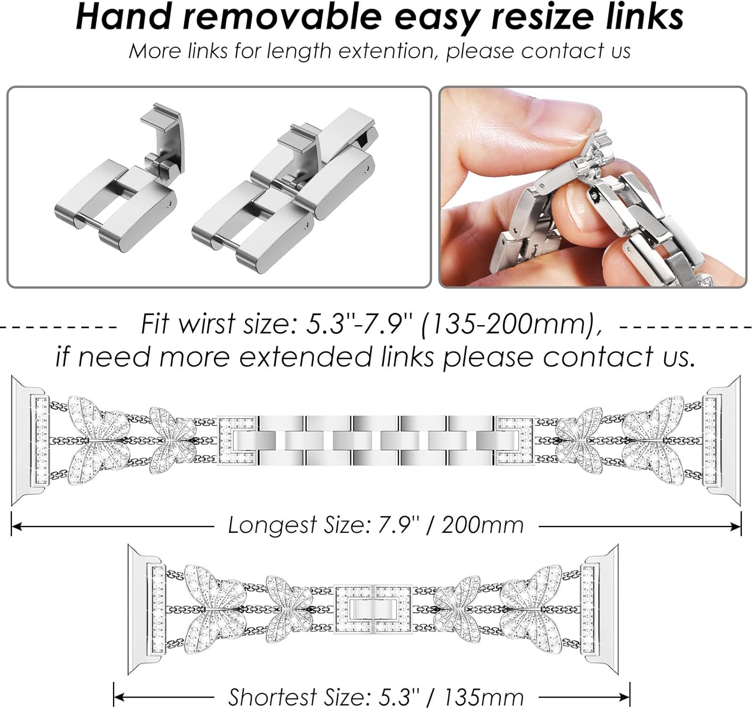 WINGLE Bling Band and Case for Apple Watch Band Women 40mm SE 3/2/1 Series 6 5 4, Butterfly Diamond Metal Band Rhinestone Crystal Bracelet Jewelry Chain with Sparkle Screen Protector, 40 mm Silver - Image 4