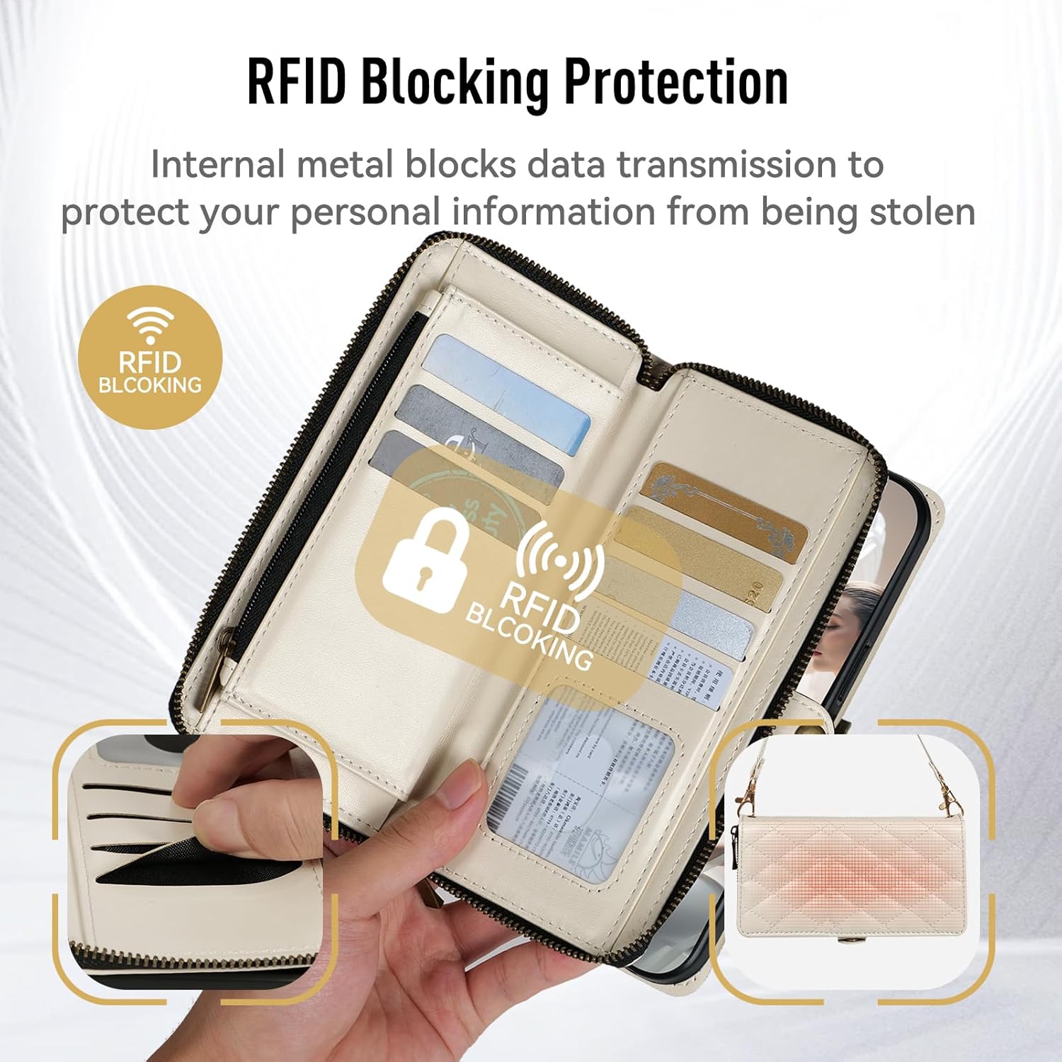 Rssviss Crossbody Case for iPhone 17 Pro Max Case Wallet, RFID Blocking Leather with Card Holder Kickstand, Handbag Zipper Flip Cover with Wrist Strap for iPhone 17 Pro Max Men Women 6.9", White - Image 5