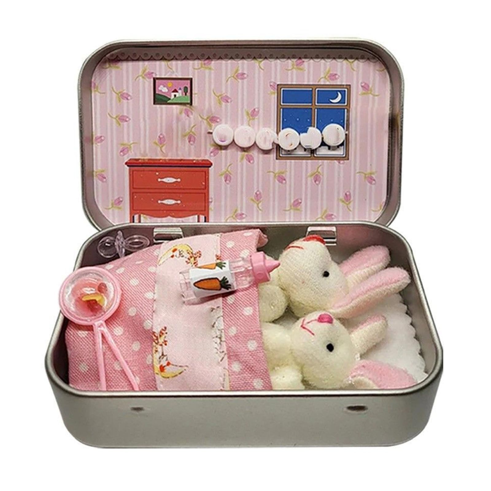 Little Pocket Bunny - Mini Plush Bunny in a Tin Box, Rabbit Hugs in Box, DIY Pet Rabbit Adoption, Easter Basket Stuffer & Decorative Boxs with Personalised Mini Plush House (Pink)