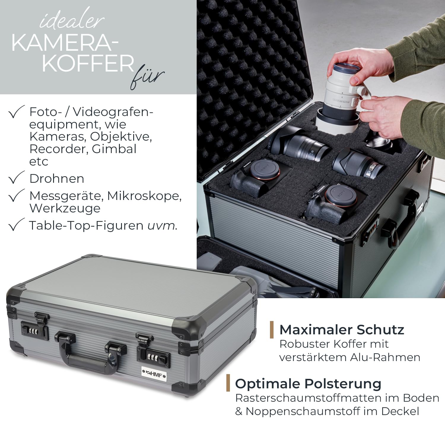 HMF 14402-02 Alu Fotokoffer, Waffenkoffer mit Rasterschaumstoff | 46 x 33 x 15 cm