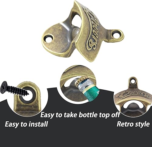 Miniatura 2 de HAIICEN Abridor de tapa de botella de bronce antiguo Montaje en pared Abridor de cerveza Saludos inoxidable Abrebotellas Montable (3 piezas)