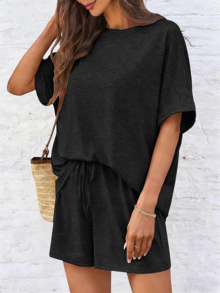 Mujer Conjunto Chándal 2 Piezas De Pantalones Verano Cortos Con Casual De Camiseta Bolsillos Y Cuello Redondo Top，Negro，S - 4