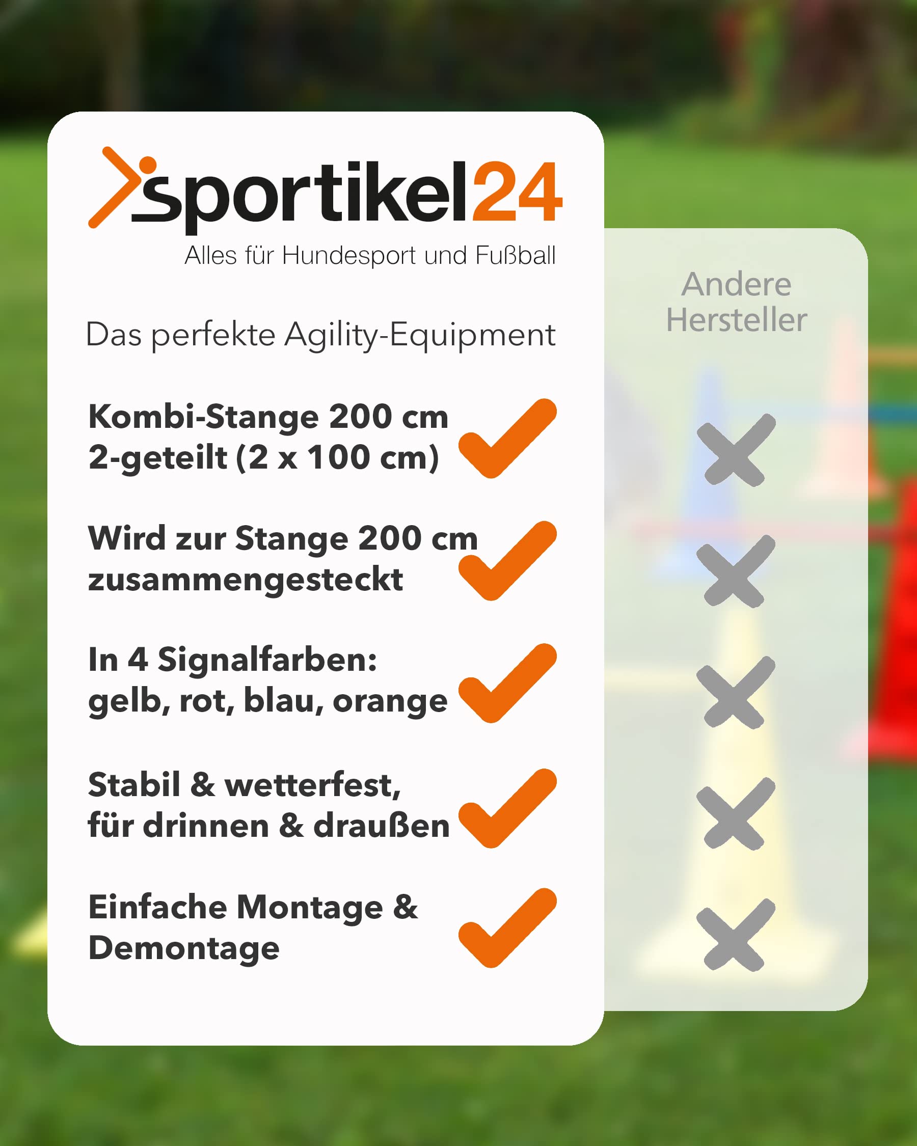 Kombi-Stange 200 cm – 2-geteilt – 2 x 100 cm – ø 25 mm – für den Aufbau von Hürden- & Slalom-Parcours – für Fußball, Leichtathletik & Hundesport