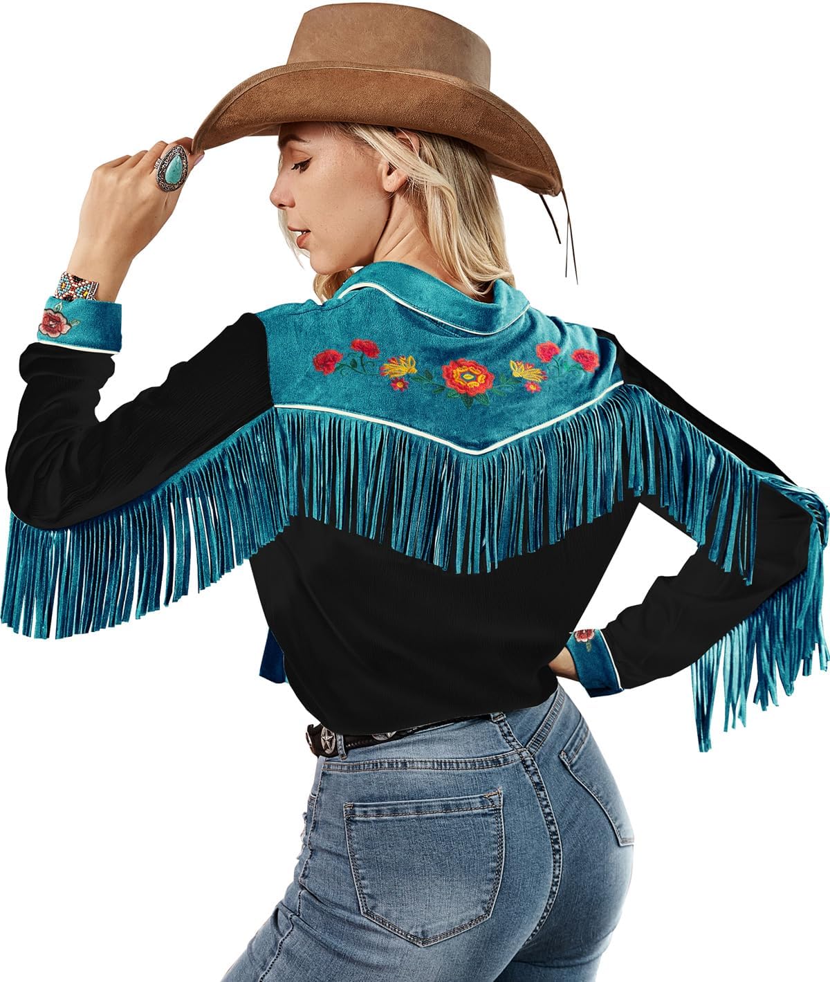 JOHN MOON Womens Fringe Western Long Sleeve Shirts Floral Embroidered Cowgirl Button Down Shacket Blouse Country Rodeo Outfit - Image 2