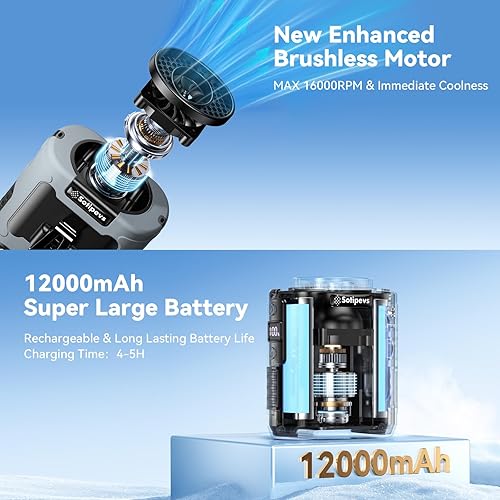 Miniatura 3 de Ventilador portátil de clip de cintura 2025 de 12000 mAh, recargable, 6 velocidades 16000 RPM, ventiladores personales de flujo de aire fuerte con