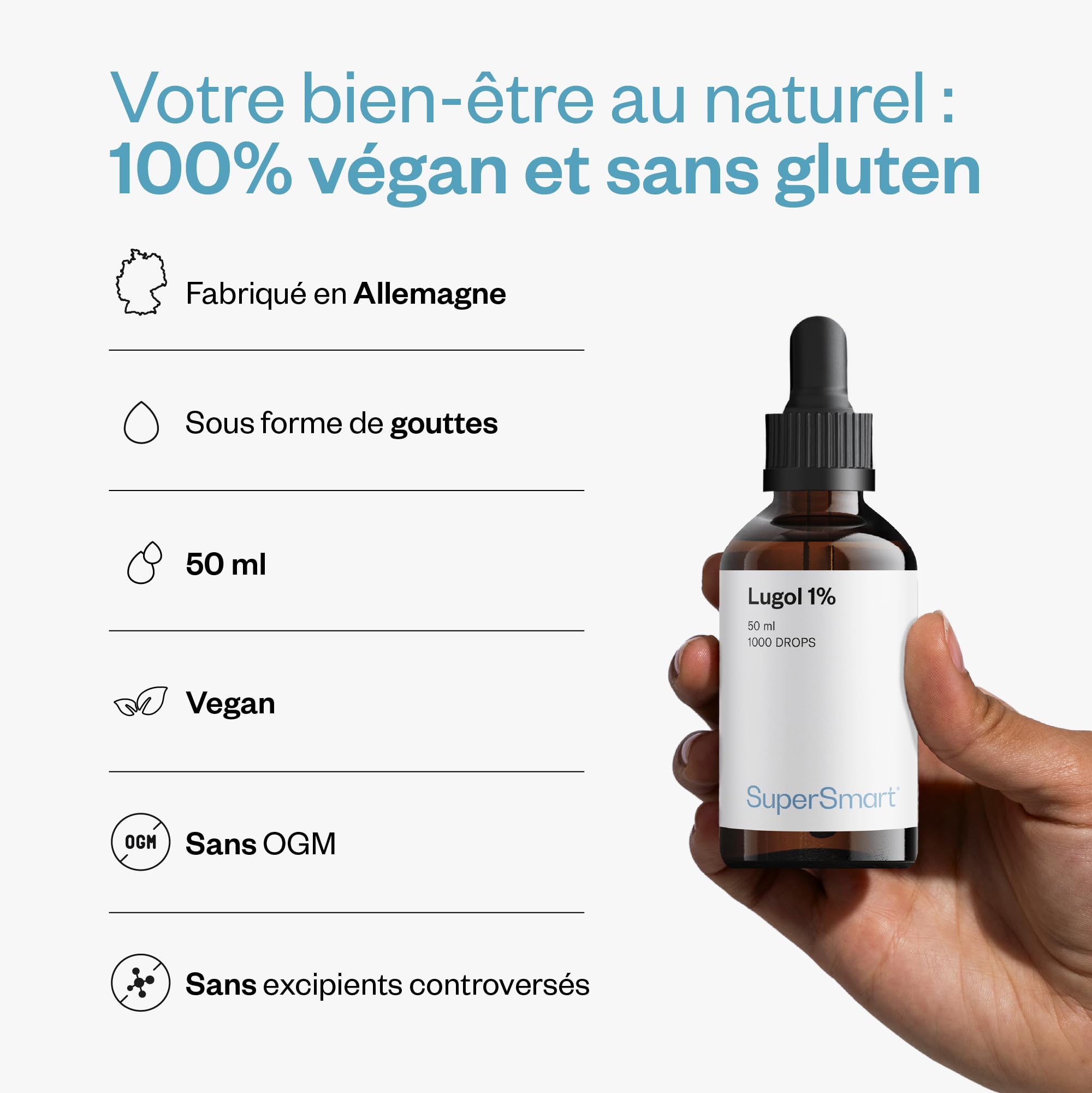 Lugol 1% - Iode en Gouttes - Soutient de la Thyroïde - Nettoie Plaies et Brûlures - Solution iodo-iodurée - 1000 gouttes - SuperSmart