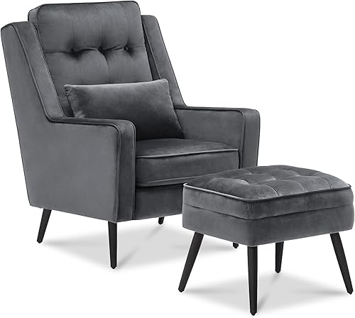 MCombo Silla decorativa de terciopelo con otomana, sillón moderno para espacios pequeños, sala de estar, recepción de oficina, tela 4278 (gris