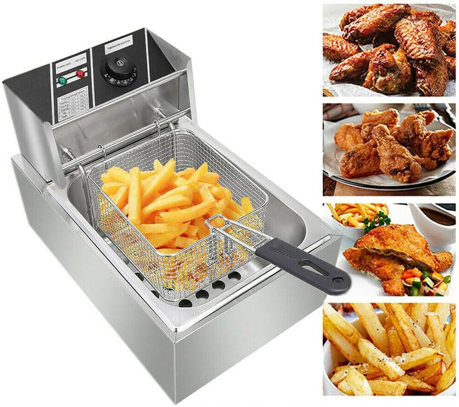 Freidora eléctrica de acero inoxidable con cesta y tapa, freidora de alta resistencia para encimera, ideal para cocina, restaurante