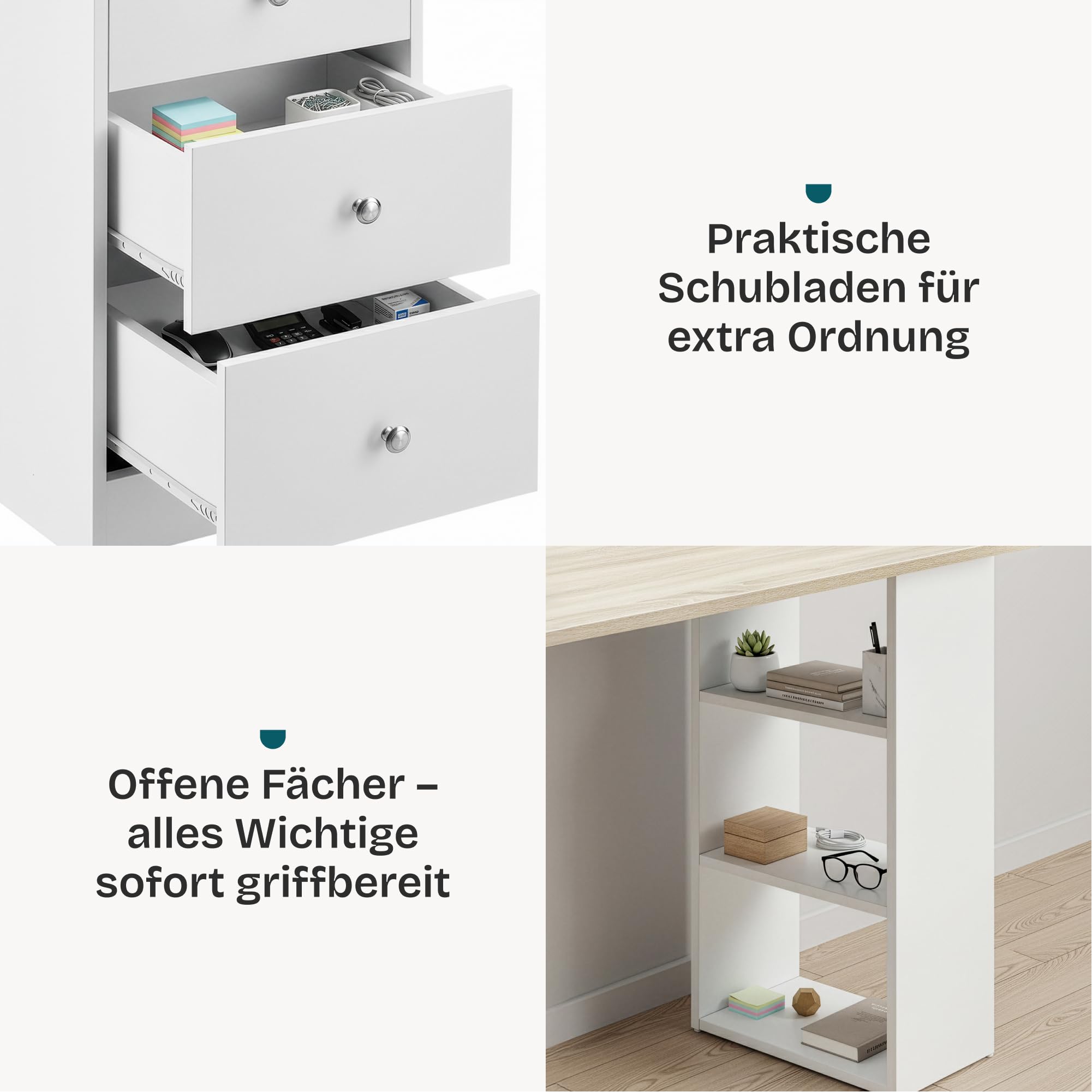 [en.casa] Schreibtisch Lemberg Computertisch 120 x 49 x 72 cm Bürotisch mit 3 Ablagefächern und 3 Schubladen Arbeitstisch Weiß/Eicheoptik