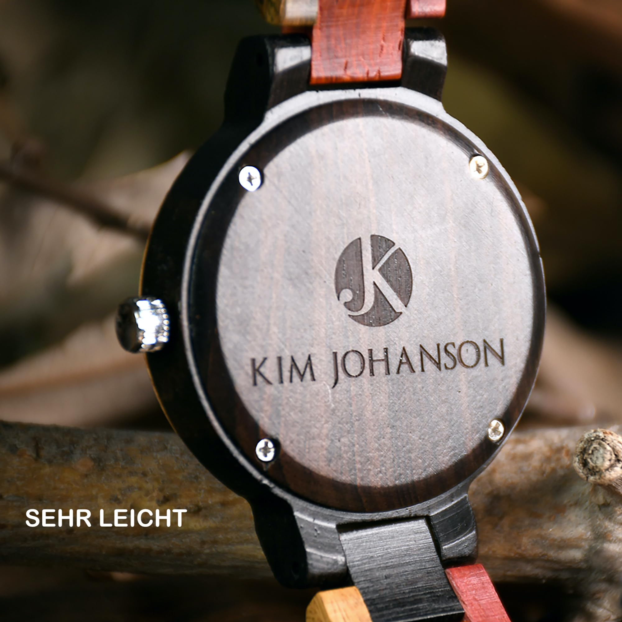 KIM JOHANSON® Holz-Edelstahl Armbanduhr *Week* für Damen und Herren | Mit Datum- & Tagesanzeige | Handgefertigt | Quarz | Analog Uhr | Vegan | Geschenk | Silber | Verstellbares Armband | Inkl Uhrenbox