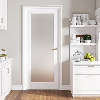 SMARTSTANDARD 32" x 80" French Interior Door, Tempered Frosted Glass Slab Door for Pantry, French Doors, Pocket Doors, Solid Core Interior Door Without Hardware Kit, White