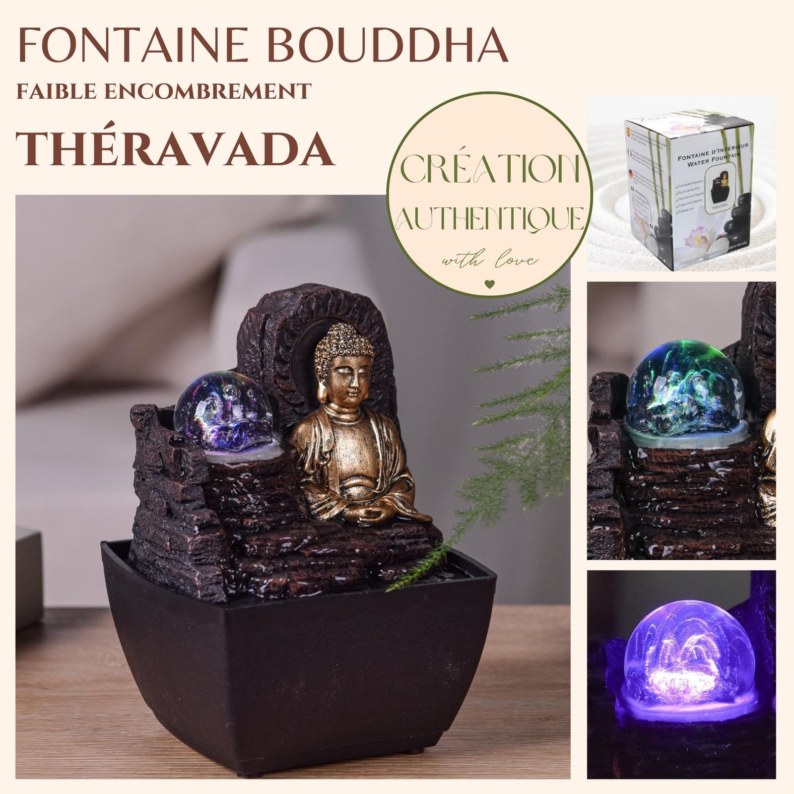 Fontanna Zen Budda Kolorowe światło LED - Dekoracja Zen Spirit - Obiekt szczęścia Feng Shui - Fontanna stołowa - Inteligentny i przydatny pomysł na prezent w niskiej cenie - wys. 18 cm - Theravada