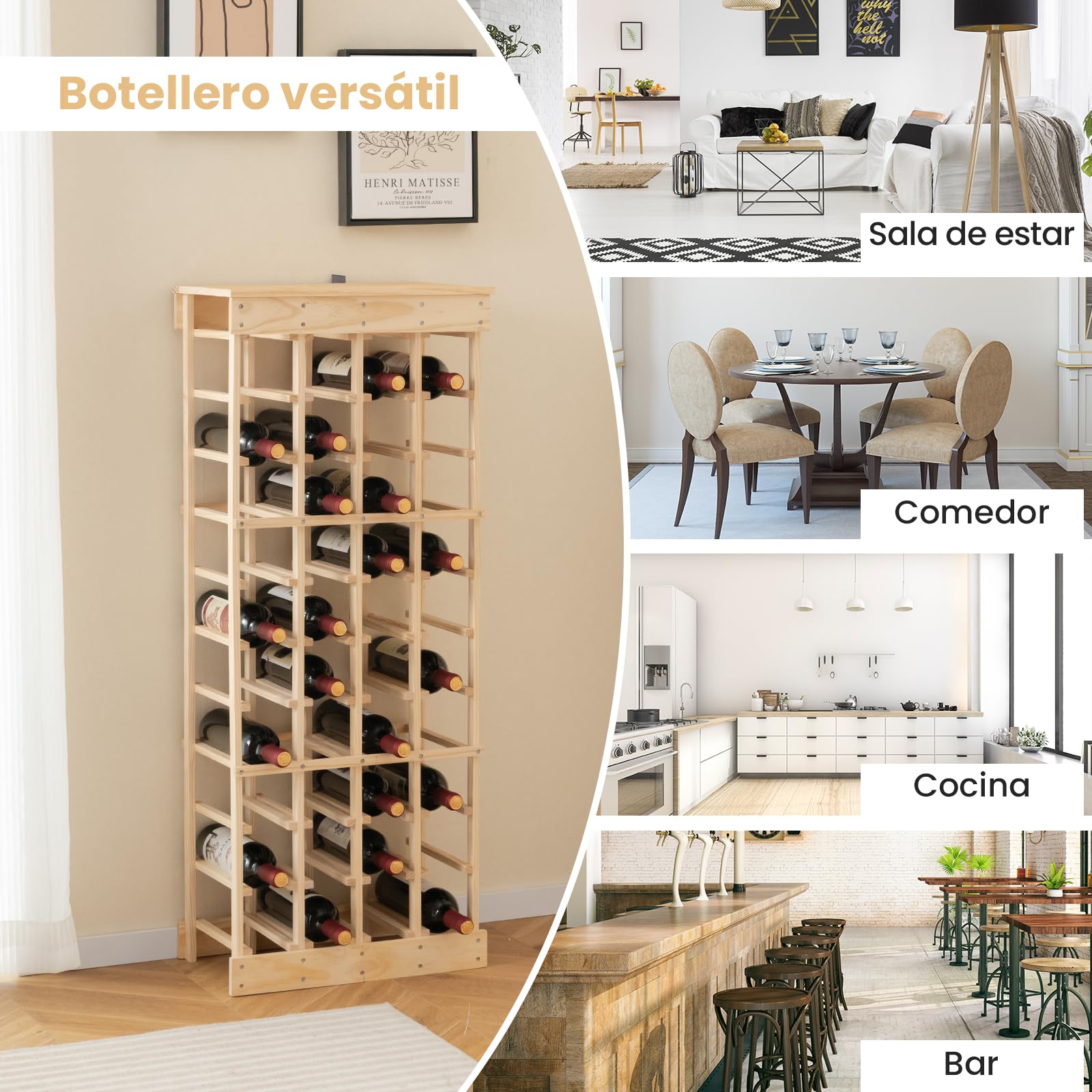 GOPLUS Botellero Independiente para 40 Botellas, Estante de Almacenamiento de Vino con Tablero, Dispositivo Antivuelco, Estante para Botellas de Madera Maciza de 10 Niveles, Natural