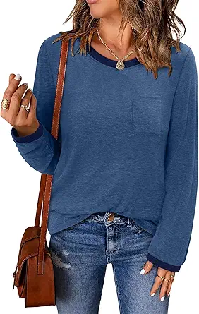 ONLYSHE Women's Casual Striped Long Sleeve Tops Crew Neck Knit Basic Loose Fit T Shirts Fall Fashion Tunic Outfits