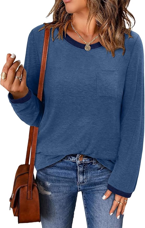 ONLYSHE Women's Casual Striped Long Sleeve Tops Crew Neck Knit Basic Loose Fit T Shirts Fall Fashion Tunic Outfits