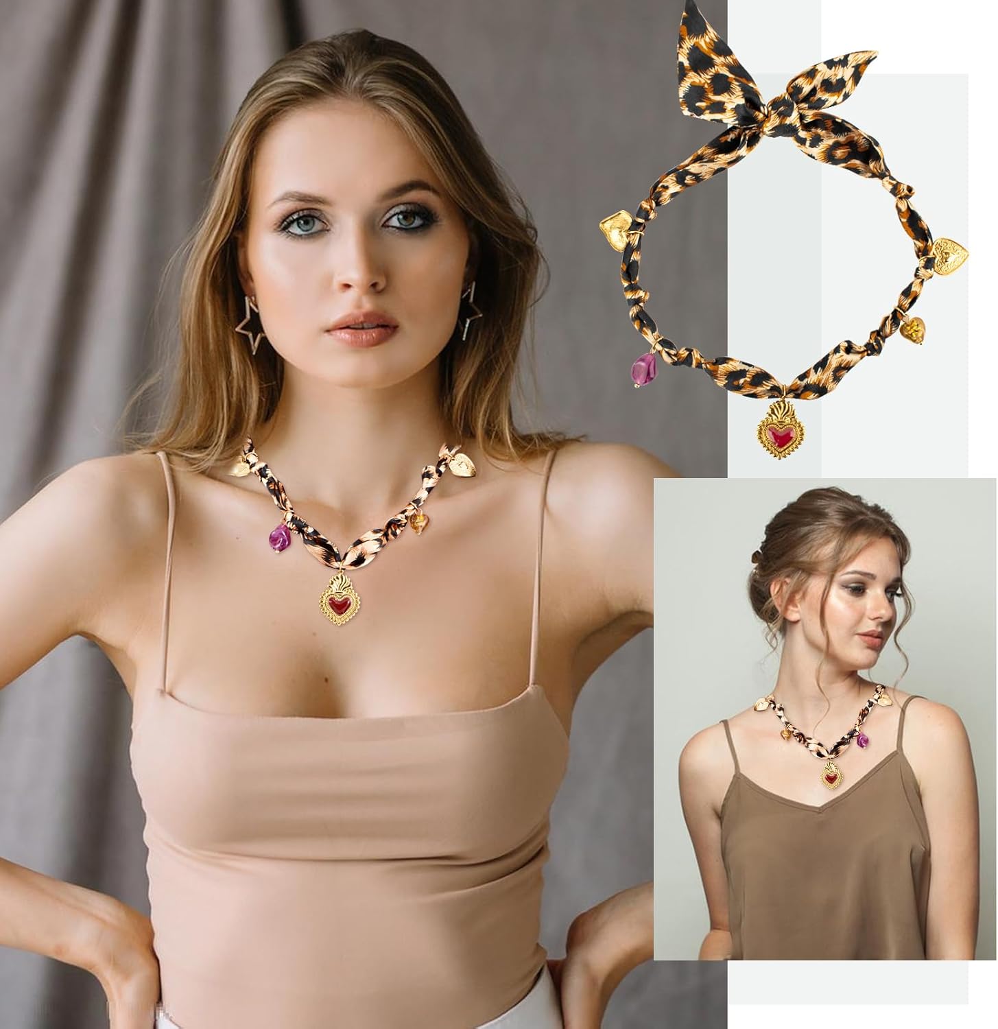 Scarf Necklace with Charm 2 Pack Silk Bandana Charm Necklace for Women Pendant Necklace with Red Heart Leopard Charms Vintage Jewelry Ideal Gift for Lady Birthday Christmas Mother's Day - Image 2