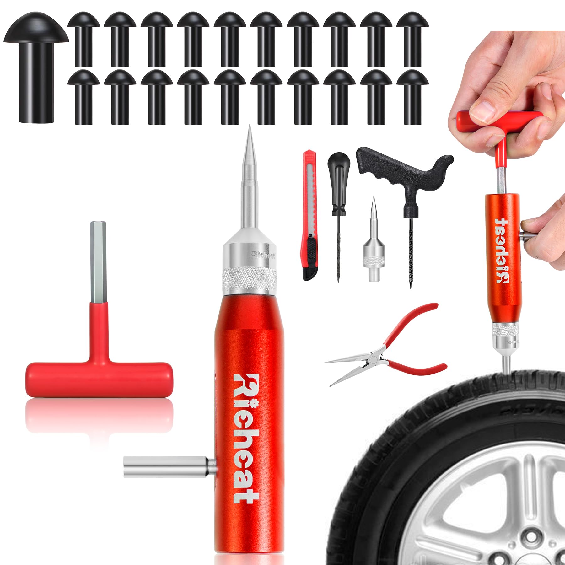 Richcat Tubeless Tire Puncture Repair Kit with Mushroom Plug, Repairs punctures and Flat Tires for Motorcycles, Cars, Trucks, ATVs and Tractors