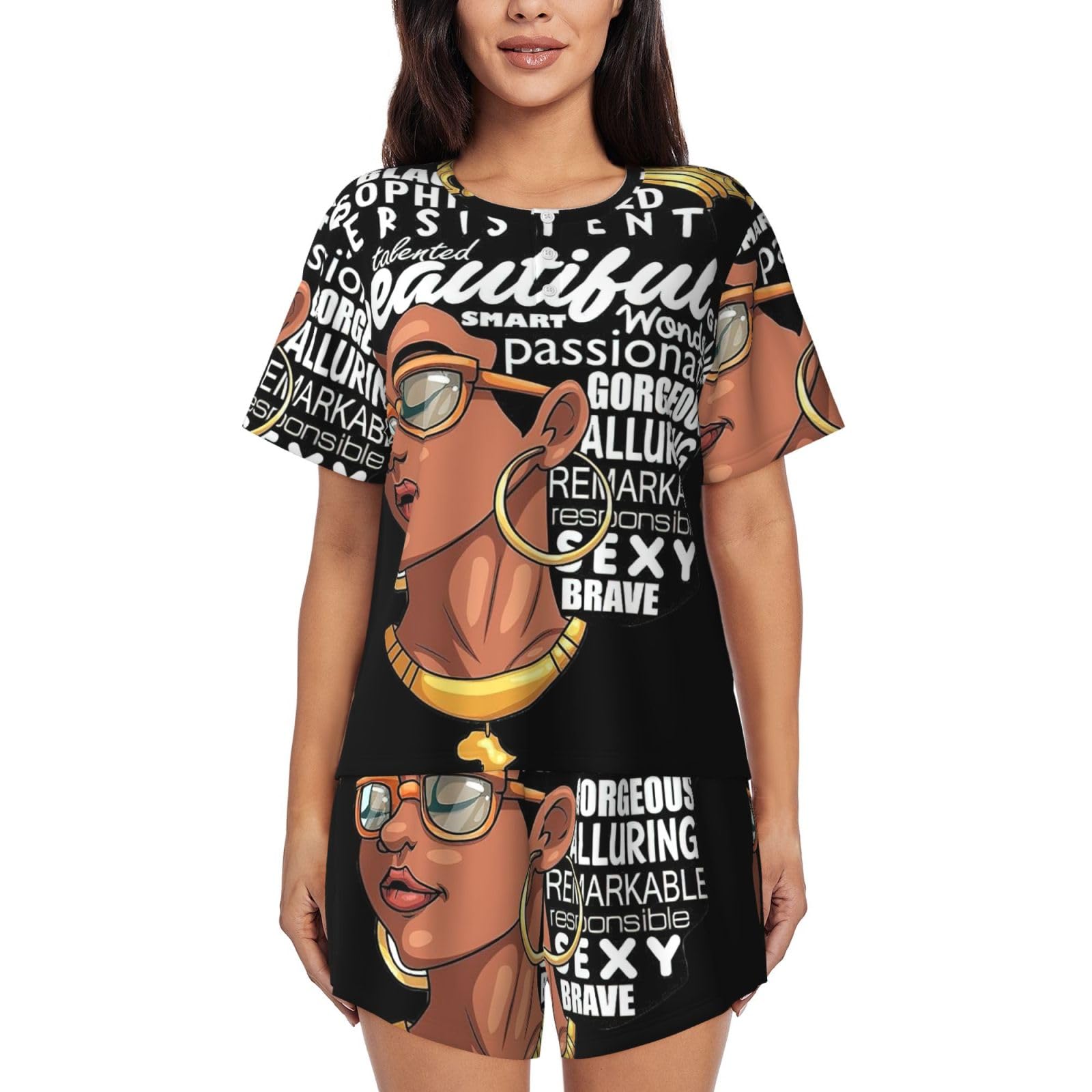 Yagdaa Women's Black Melanin Afro Woman Print 2-Piece Pajamas For Short Sleeve Pjs Set Summer Sleepwear Soft Loungewear Nightwear