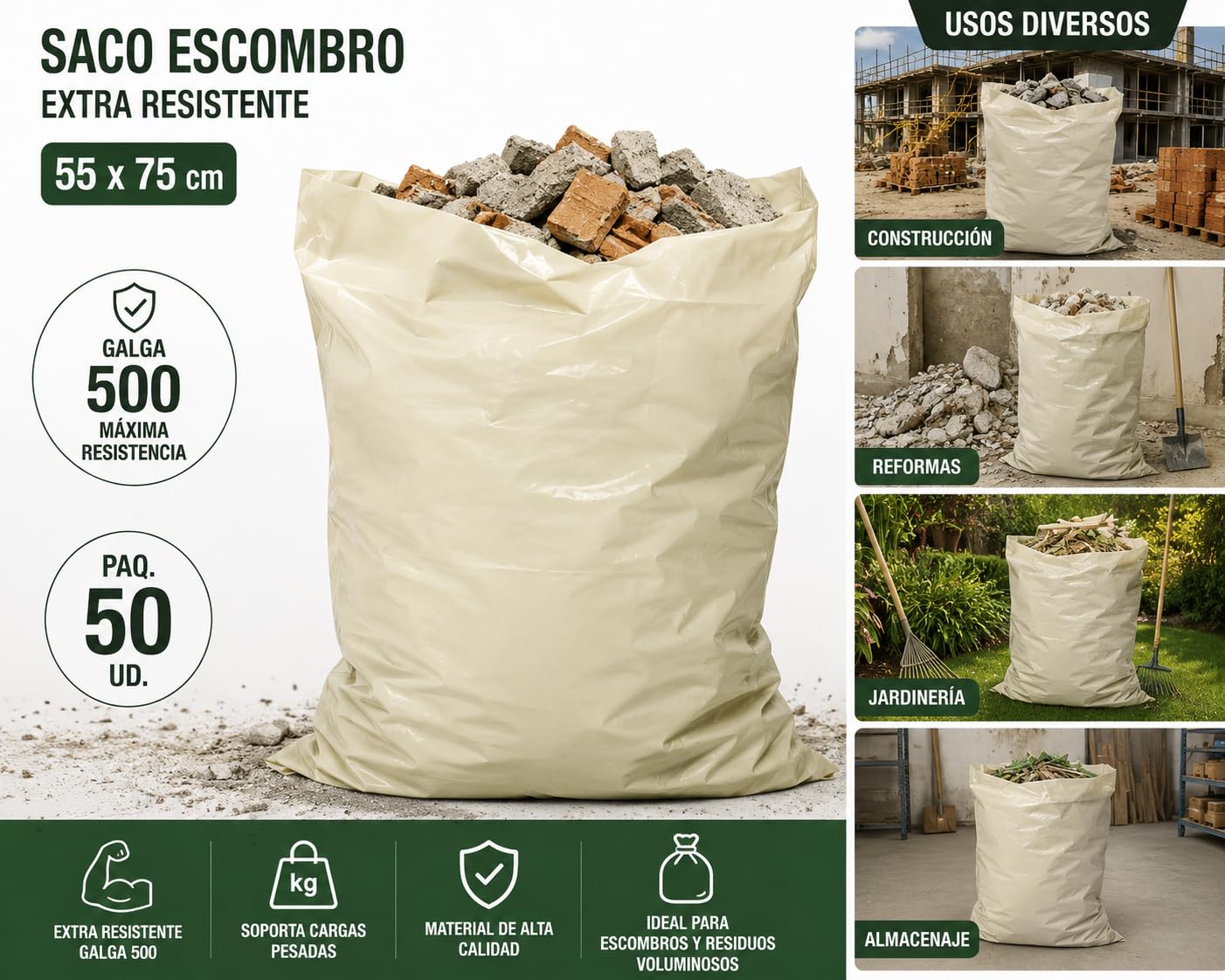Saco para Escombros 55x75 cm, Pack 50 Unidades, Polietileno Resistente Galga 600,Bolsas de Obra para Escombros, Construcción, Reformas, Jardinería y Residuos Pesados