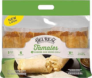 Del Real Foods Cheese & Green Chile Tamales, 24 oz (6 ct) - Authentic Mexican Tamales, Heat & Serve in ~1 Minute, Gluten-Free Diet Type – Family Dinner & Holiday Favorite