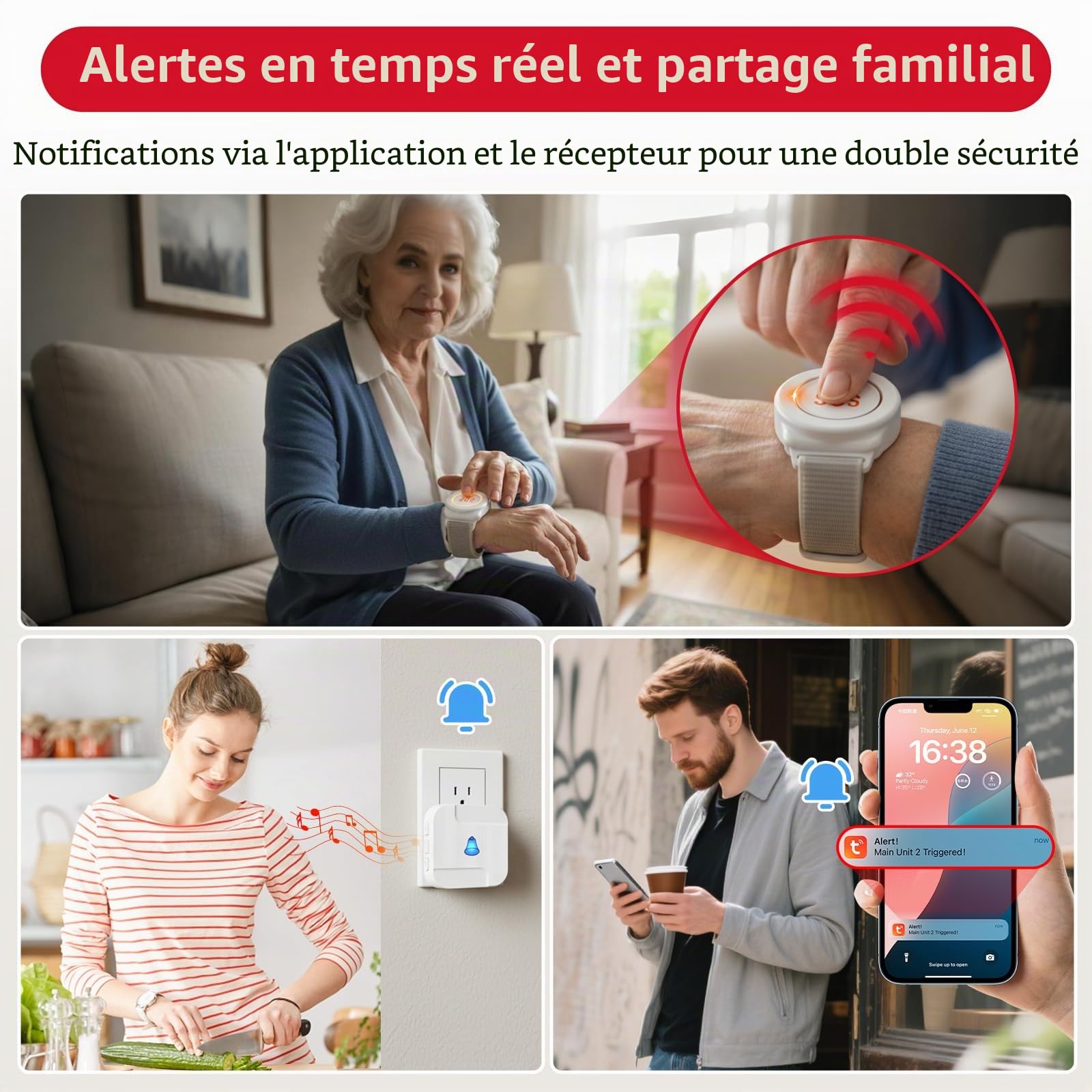 CallToU Collier Alerte pour Personne Âgée WiFi, Alarme Senior avec Notifications Smartphone, Partage Familial Multi-utilisateurs, sans Limite de Distance