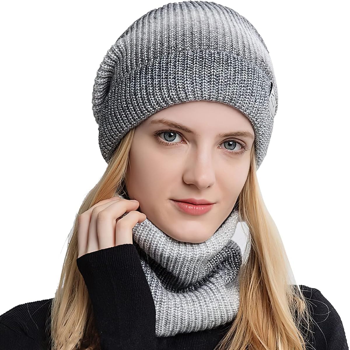 Woolen Fleece Lined Winter Cap with Neck Warmer Scarf - Stylish Soft Warm Knit Winter Wear for Women & Girls - Grey-image-3