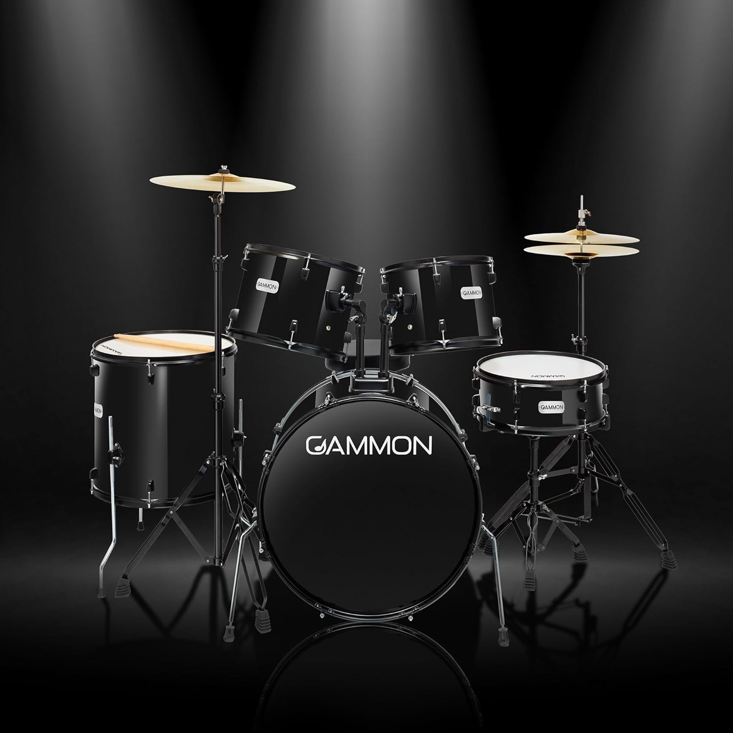 Gammon Percussion Full Size Complete Adult 5-Piece Drum Set with Cymbals, Stands, Stool, and Sticks - Black
