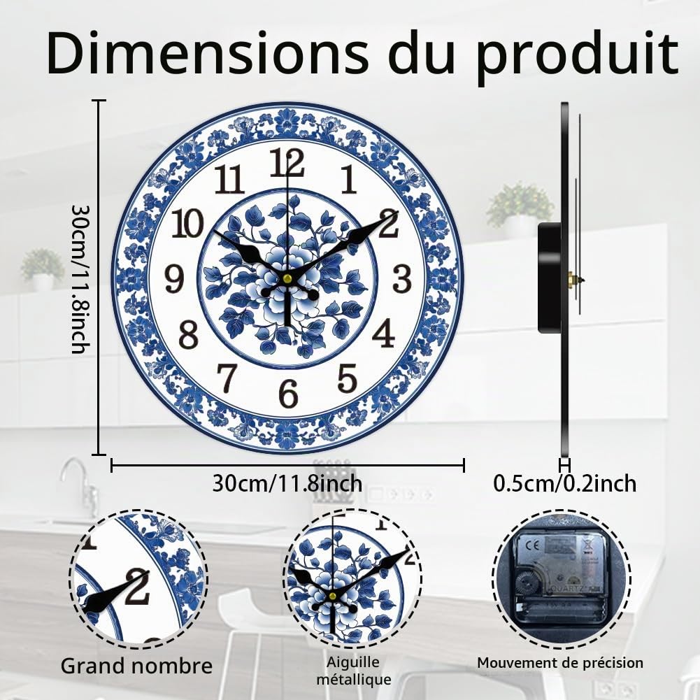 CHGCRAFT Horloge Murale Ronde en Porcelaine Bleue et Blanche de Silencieuse sans Tic Tac à Piles pour Décoration de Bureau de Maison Ou de Cuisine