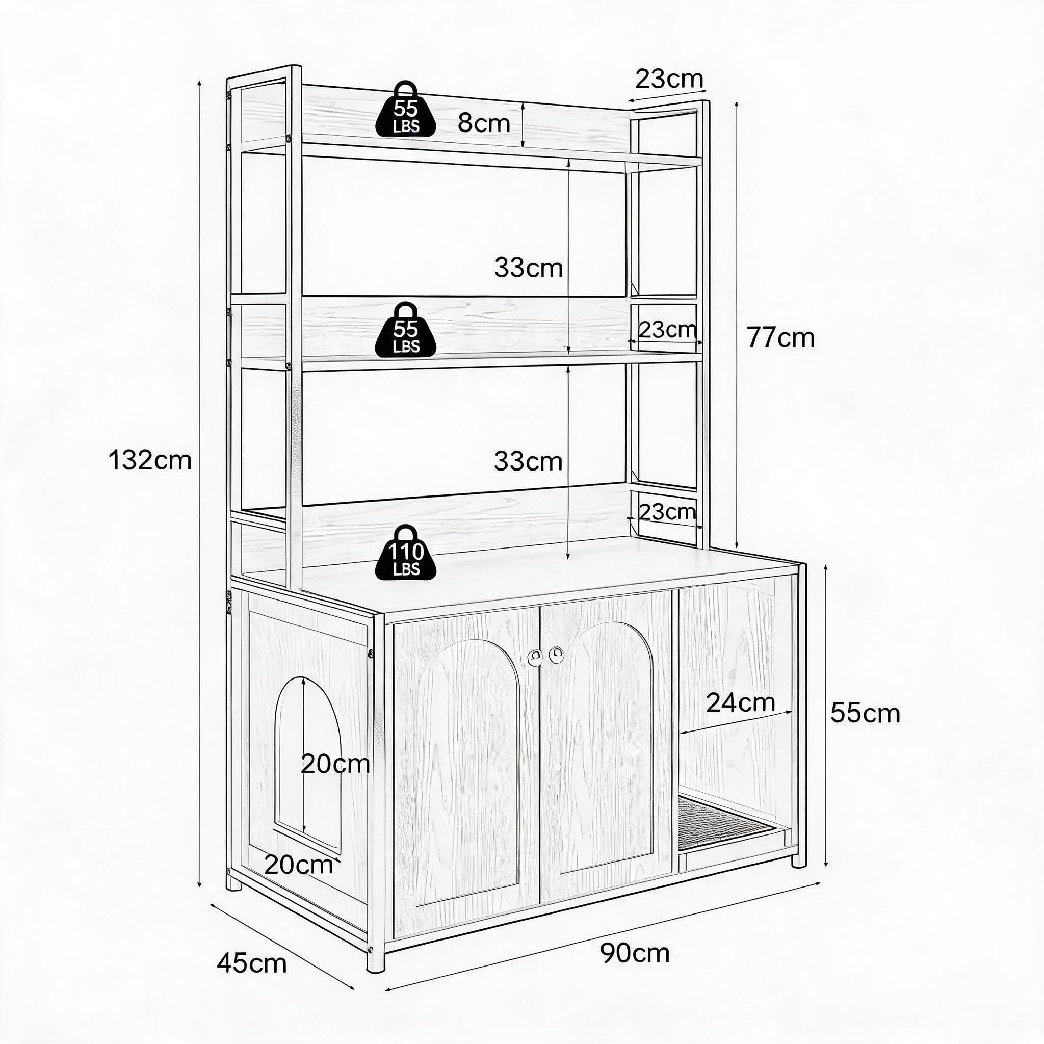 Katzenklo Schrank, Versteckte Katzentoilette Möbel aus Holz | Katzenhaus, Beistelltisch mit Katzentoilette, mit 2 Ablagen und Seitentür, mit Kratzbrett, 89 x 45 x 132 cm