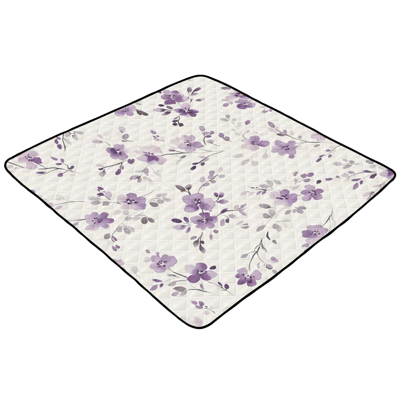 BOESI Watercolor Purple Flower Pattern Baby Play Mat, 50“ X 50” Washable Folding Crawling Mat, Baby Floor Mat, Soft, Thick, Non-Slip