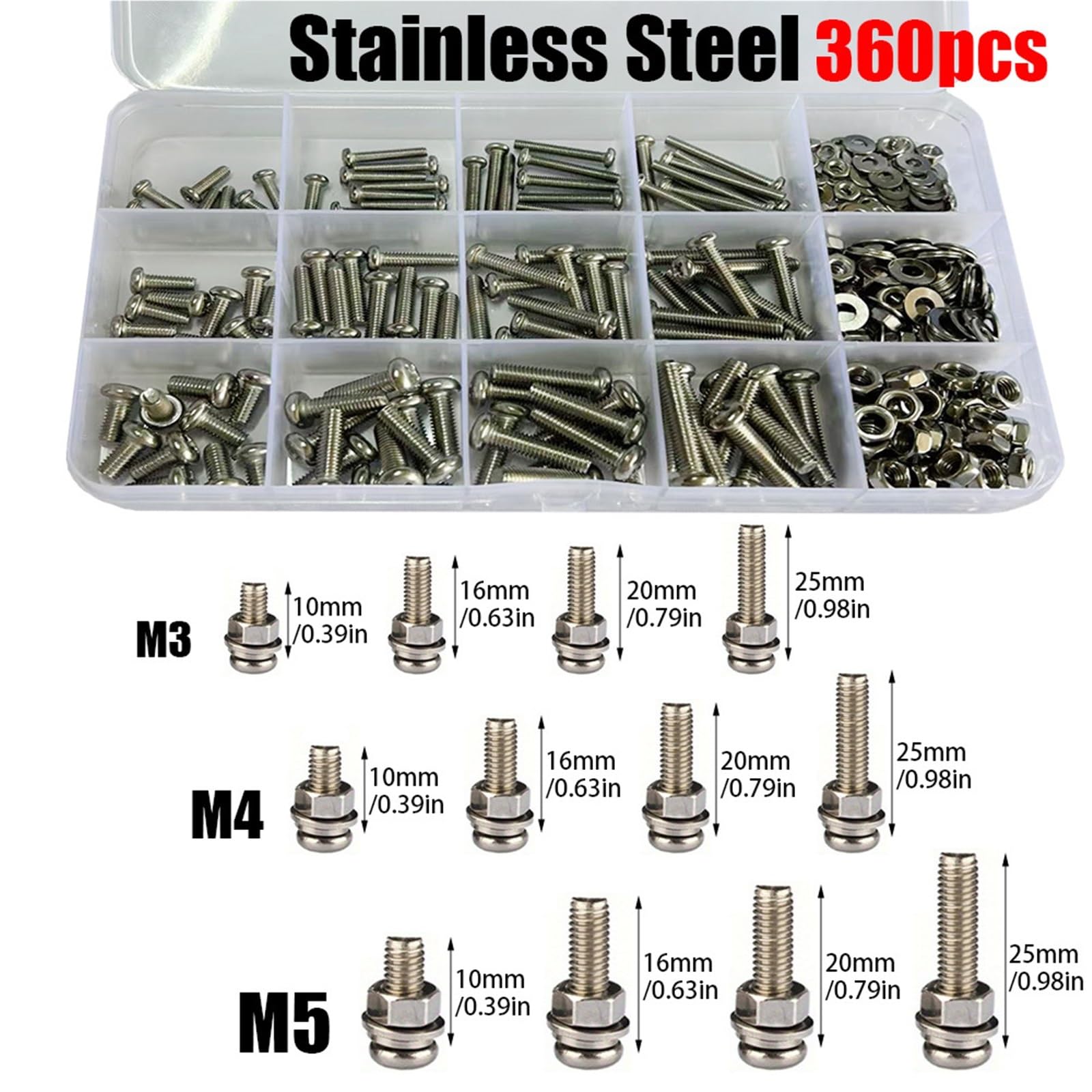 Juego De Tornillos Y Tuercas Juego de tuercas y pernos for máquina cruceta acero inoxidable 360 ​​piezas, que incluyen M3, M4, M5, for aplicaciones industriales científicas