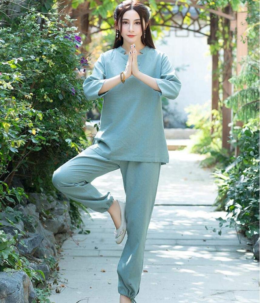 RWRAPS Costume di Arti Marziali in Cotone per Donne, Uniforme Tai Chi, Abbigliamento Kungfu Cinese, Wing Chun, Maniche Tre Quarti, Verde-L
