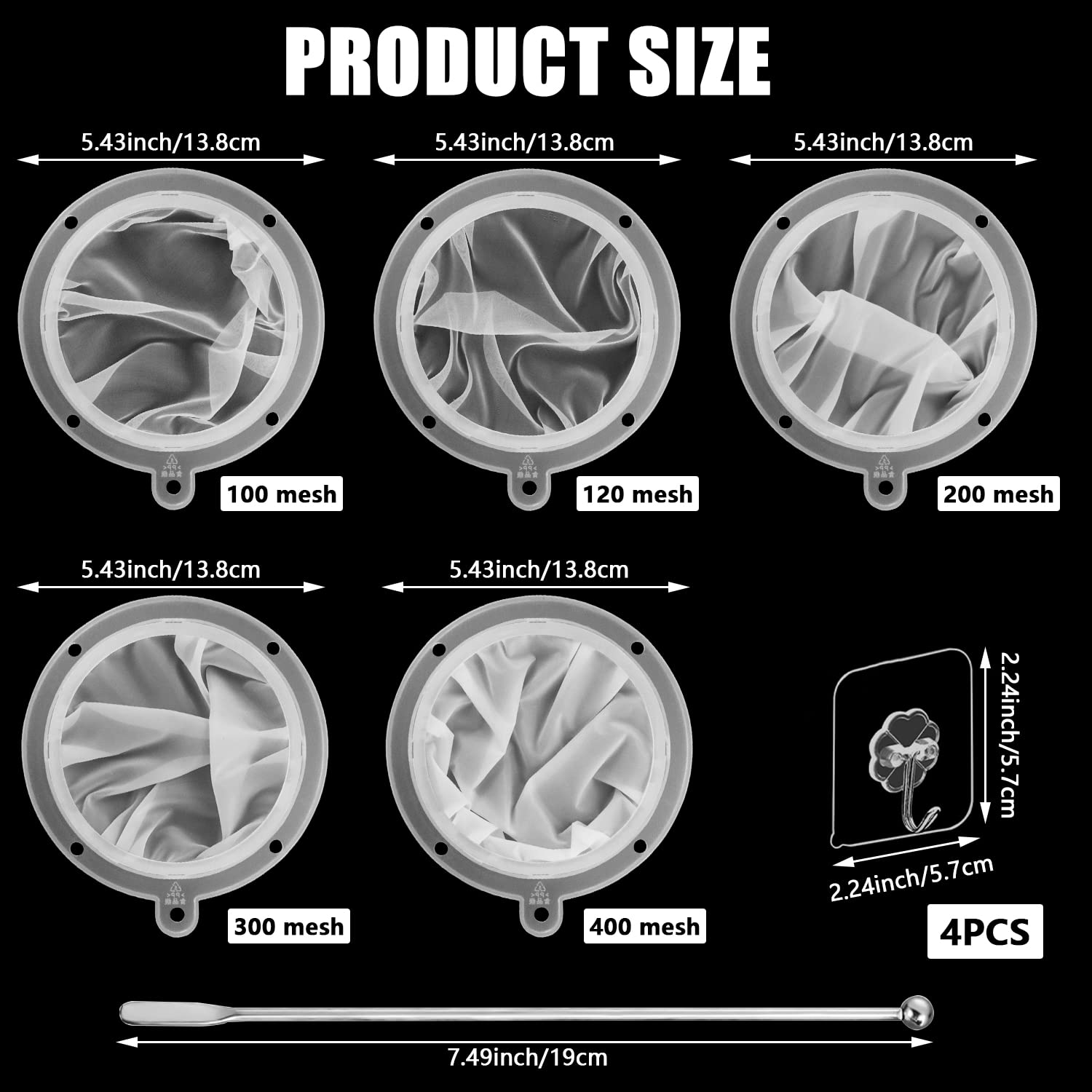 JNZLT 5 Filtres Alimentaires Tamis Nylon 100/120/200/300/400 Mailles - Kit Complet Avec Agitateur Cocktail Et Crochets Pour Café, Jus, Lait Et Miel
