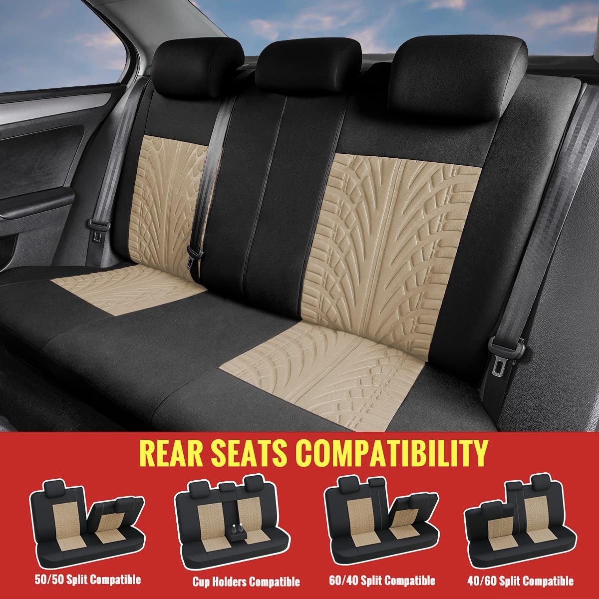 AUTOYOUTH Beige Car Seat Covers Full Set, 3D Tyre Embossed Front Bucket & Split Rear Bench Covers, Airbag Compatible, Quick Setup Universal Fit for Car, SUV, Seat Protectors (9pcs) - Image 3