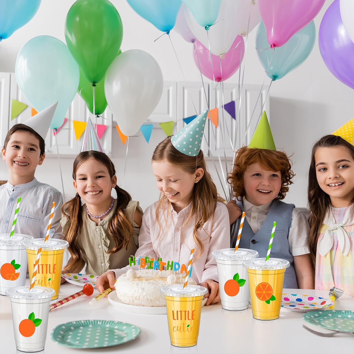 meekoo 100 Set 12 oz Little Cutie Baby Shower Decoration Cups Clear Disposable Orange Party Plastic Cups with Paper Straws and Lids for Birthday Baby Shower Drinkware Party Favors